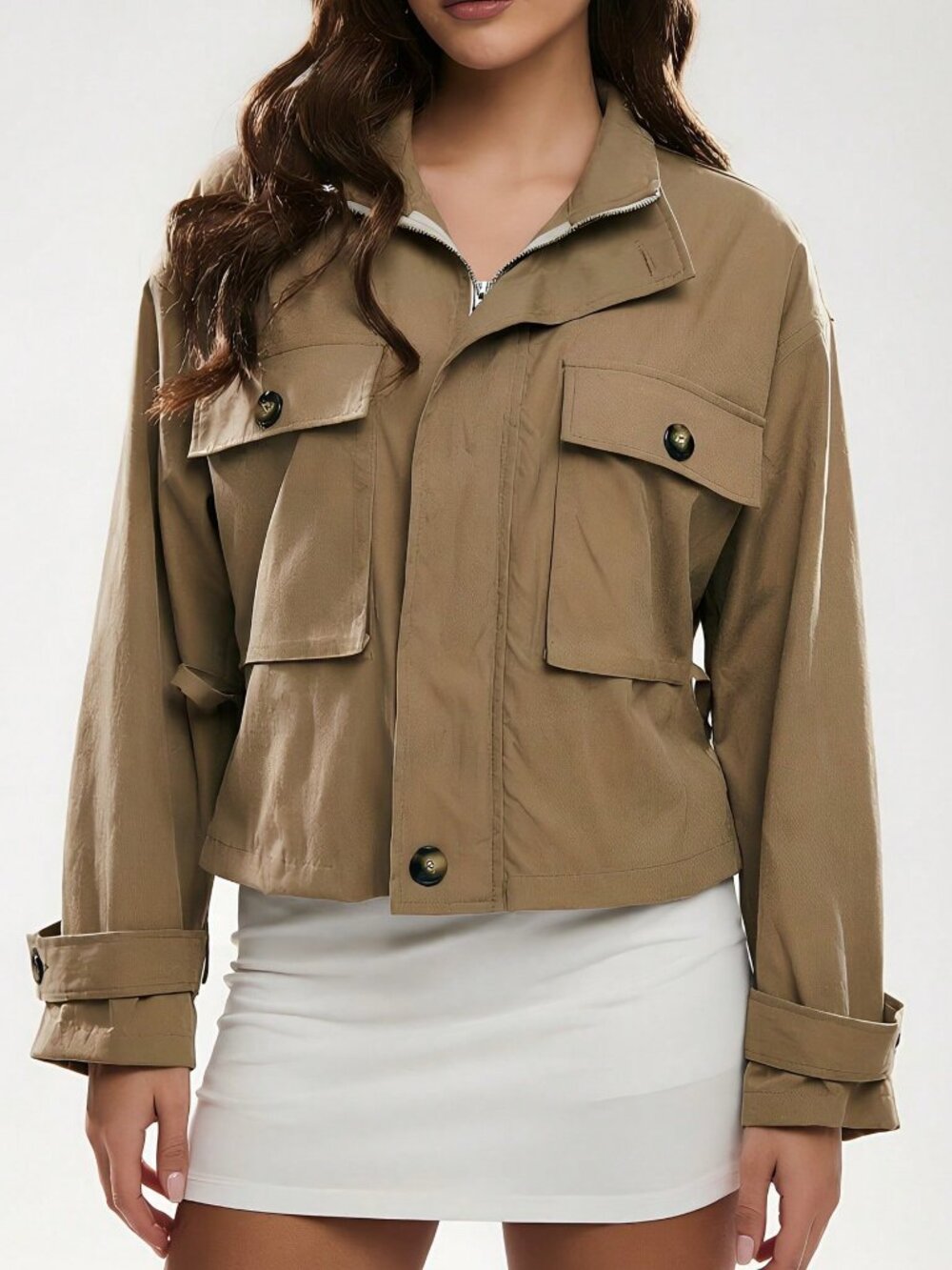 Khaki Casual Women's Lightweight Long Sleeve Jacket - Picture 3 of 3